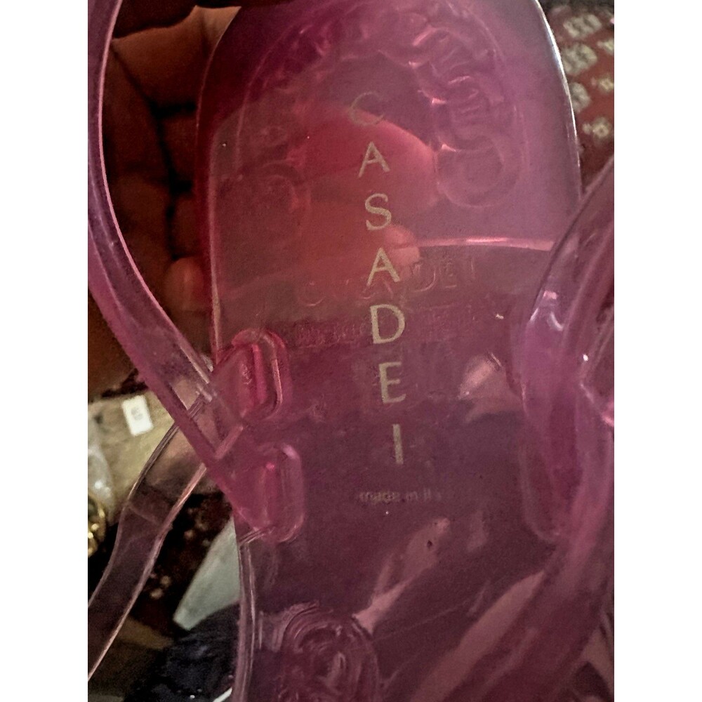 Casadei Pink Crystal Embellished Chain Decor Shiny PVC Jelly T-Bar Sandal Sz 39 - Picture 5 of 8